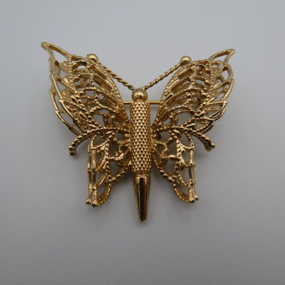 Vintage Signed Monet Gold Tone Filigree Butterfly Brooch Pin Layered Wings